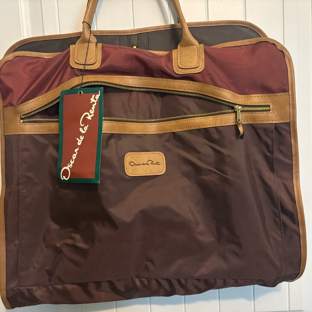 Oscar de la Renta Burgundy and Tan Travel Bag